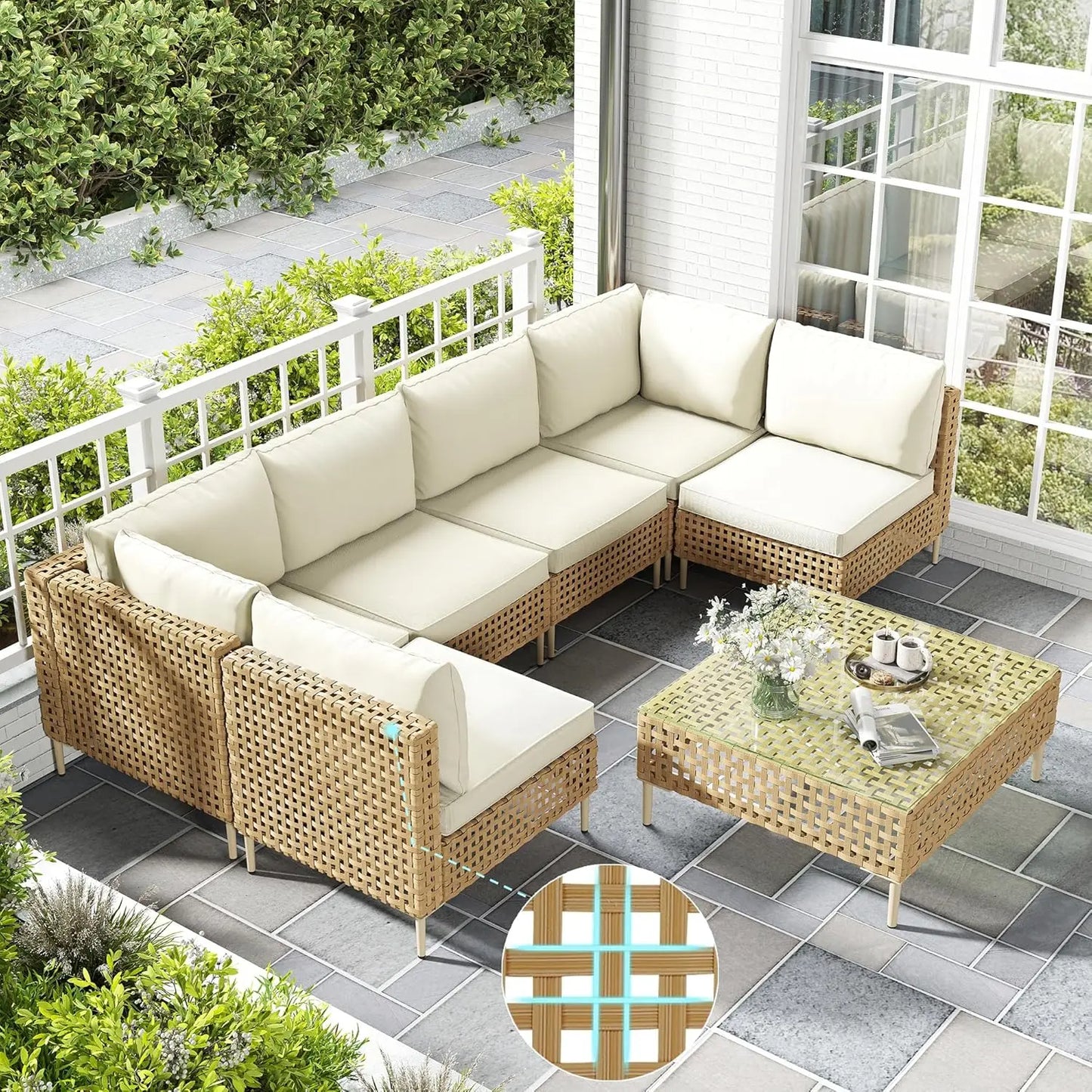 Wicker Outdoor Sectional Sofa Set Coffee Table All Weather Cushions