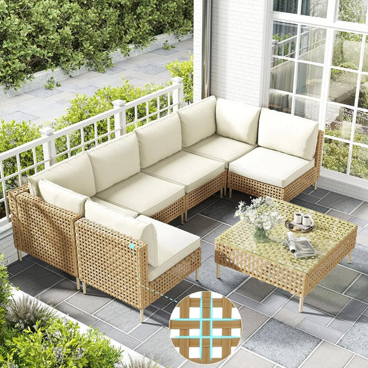 Wicker Outdoor Sectional Sofa Set Coffee Table All Weather Cushions