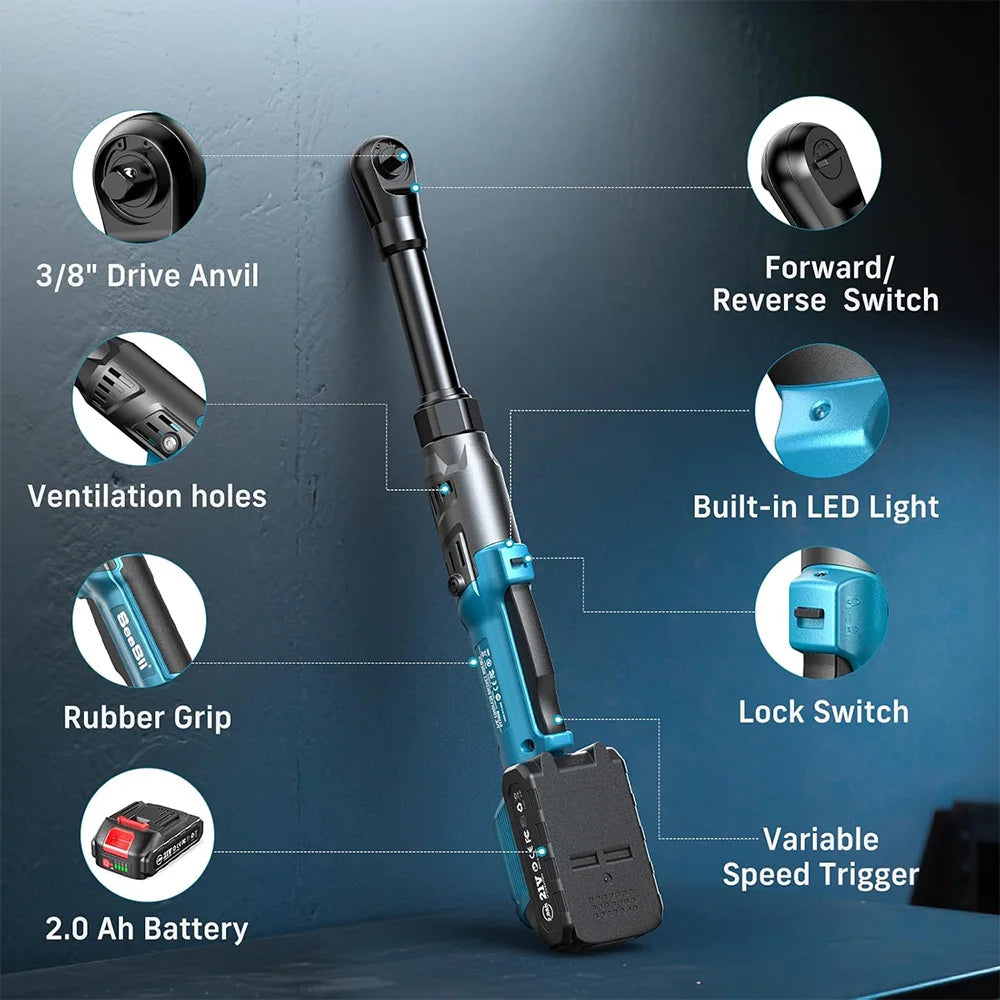 Seesii 21V Cordless Electric Wrench 80Nm Torque Rechargeable Ratchet