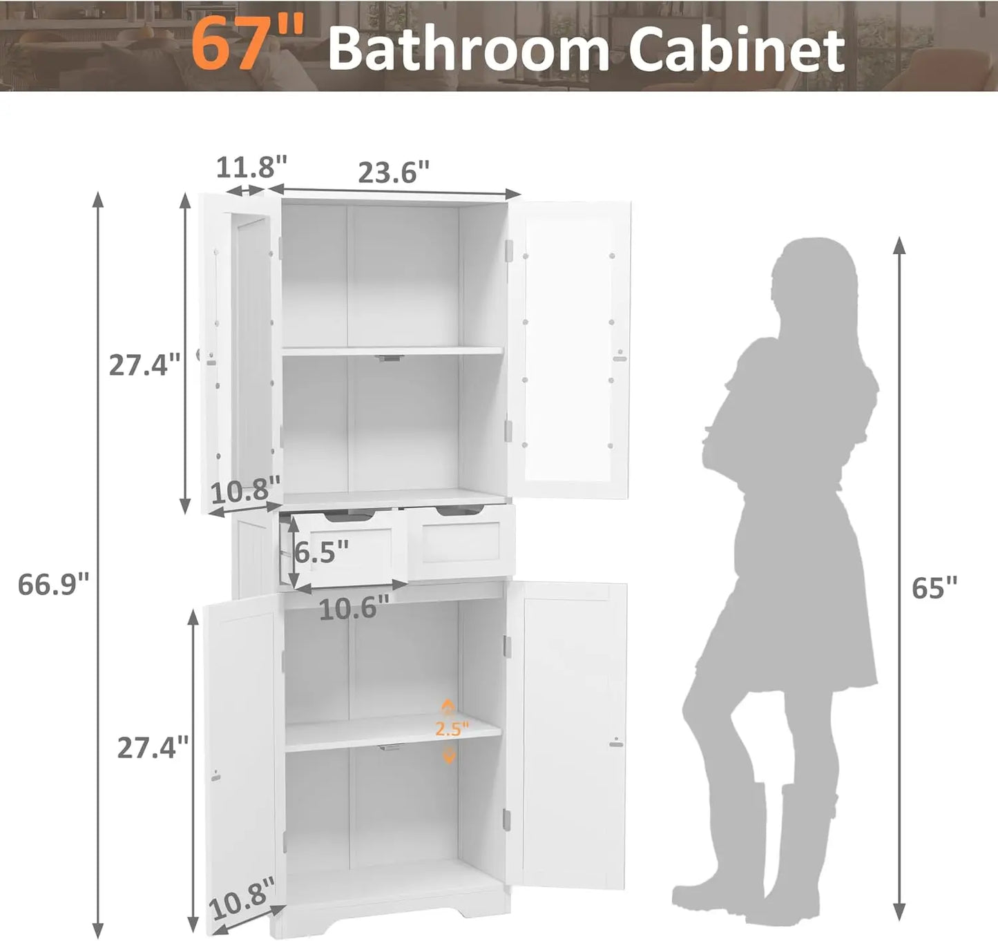 Freestanding Bathroom Storage Cabinet With Glass Doors And Shelves