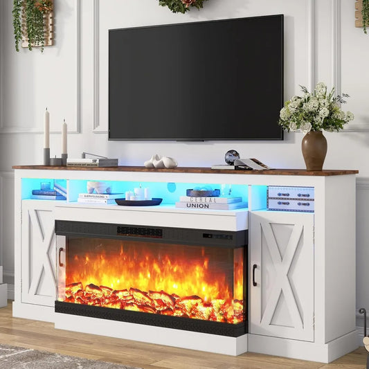 Farmhouse TV Stand With Glass Fireplace LED Entertainment Center
