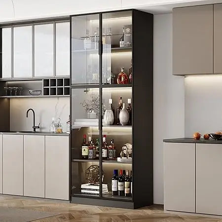Display Cabinet With Glass Doors And Storage Shelves