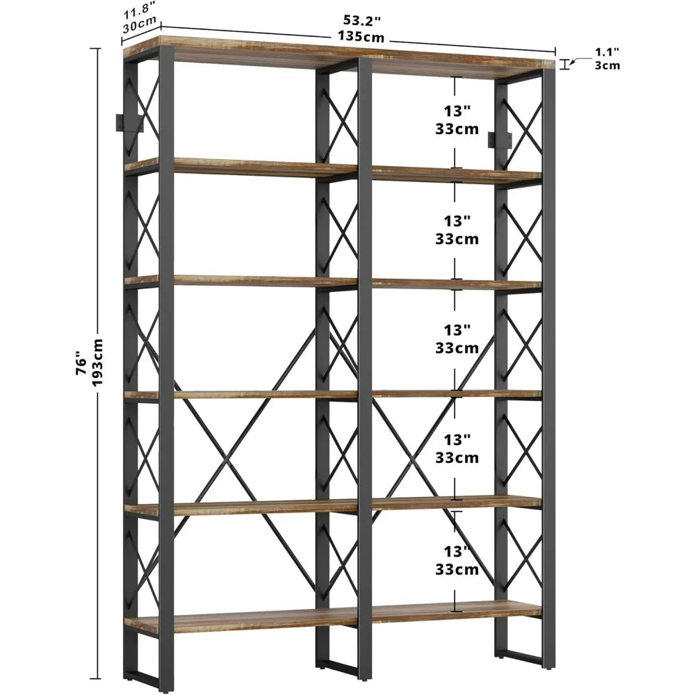 ZHUXIANG Industrial Open Bookcase Six Shelves Wall Mount