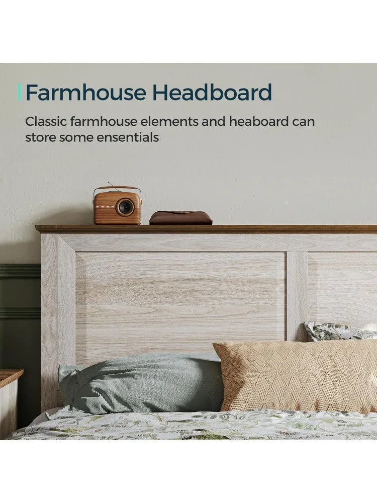 Hign-Concerned Farmhouse Bed Frame With Solid Wood Headboard