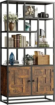 Ironck 6 Tier Tall Bookshelf With Doors Storage Cabinet
