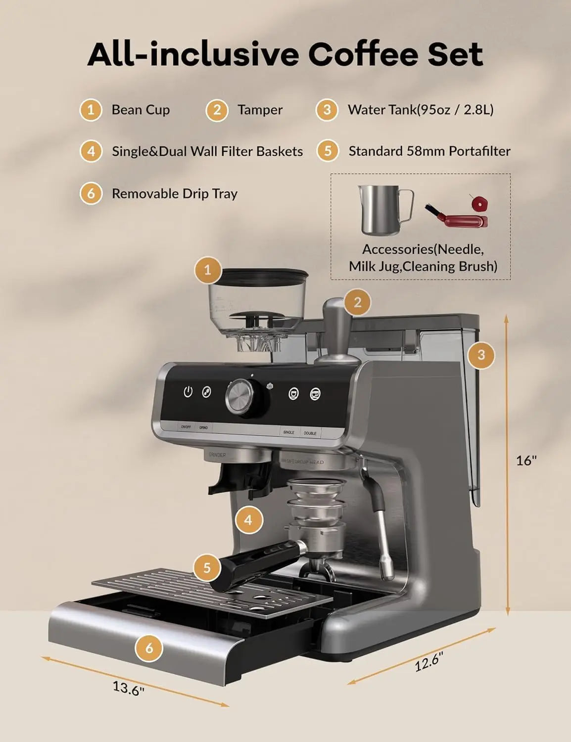 Acekool 20 Bar Semi Automatic Espresso Machine With Grinder 1450W