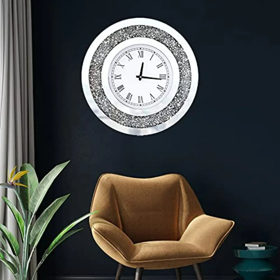 Silver Round Mirror Clock Crystal Sparkle Wall Decor