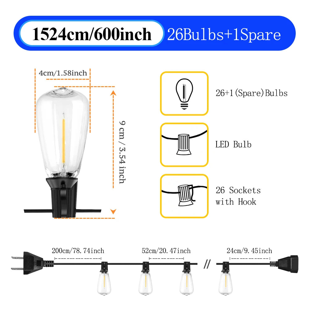 Aiopp LED Outdoor String Lights Shatterproof ST38 2200K