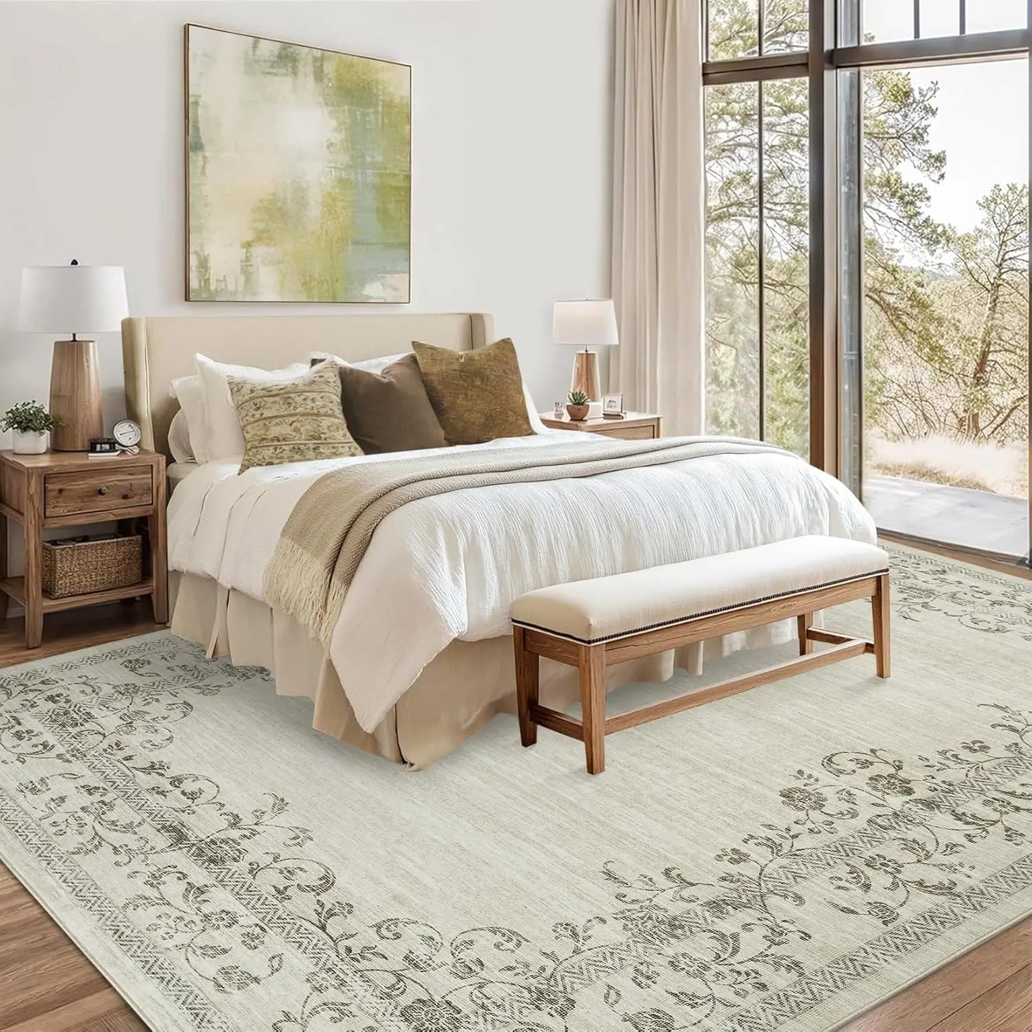 HiMIS Washable Area Rug Floral Border for Living Room
