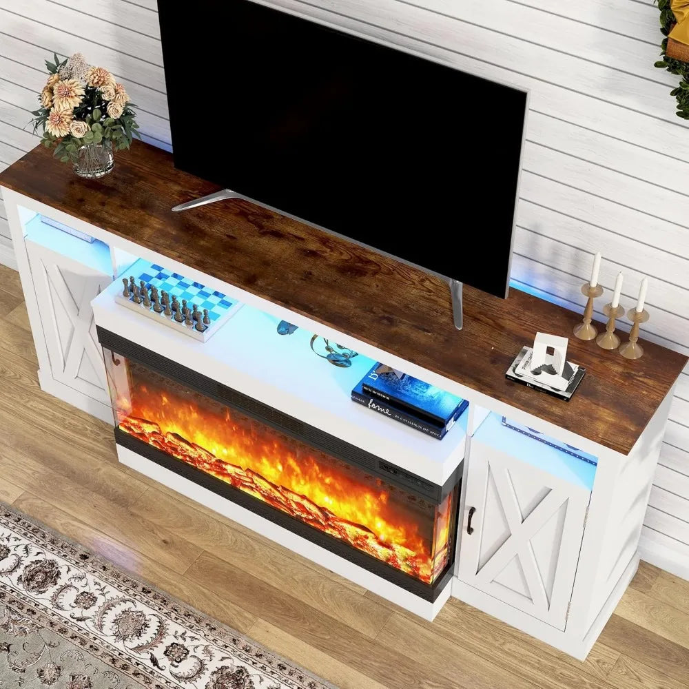 Farmhouse TV Stand With Glass Fireplace LED Entertainment Center