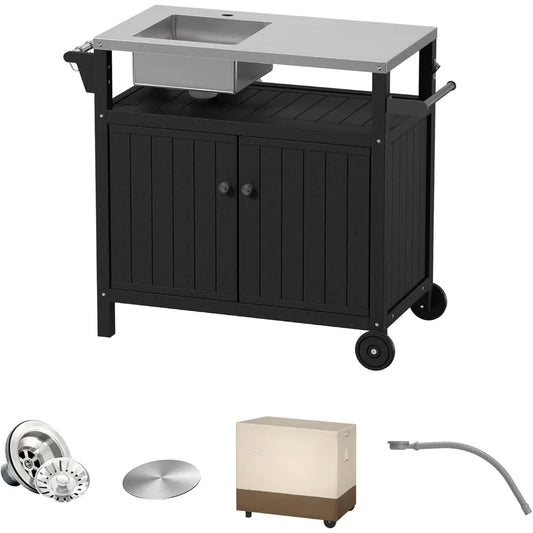 Outdoor Grill Cart With Sink Cabinet And Cover Stainless Steel