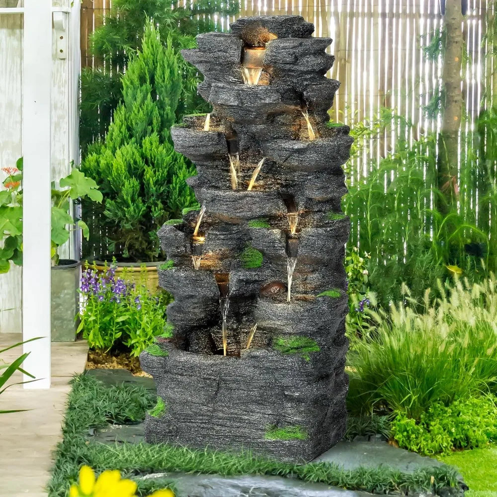 TOBYUL Garden Waterfall Fountain Resin LED Outdoor Decor