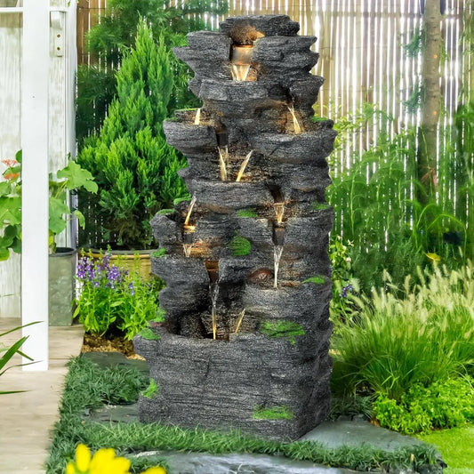 TOBYUL Garden Waterfall Fountain Resin LED Outdoor Decor