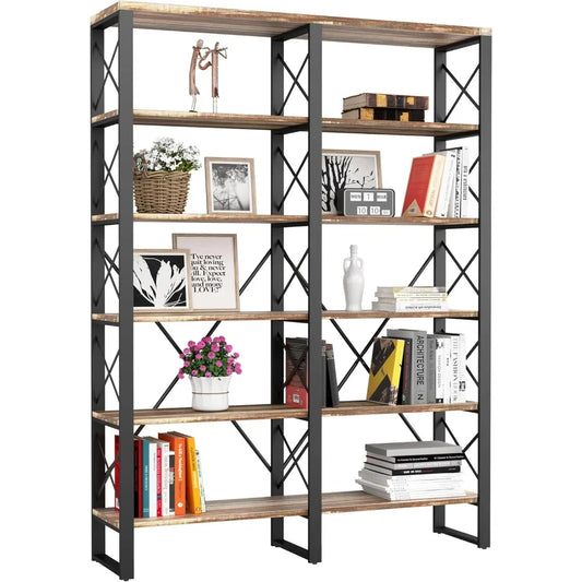 ZHUXIANG Industrial Open Bookcase Six Shelves Wall Mount
