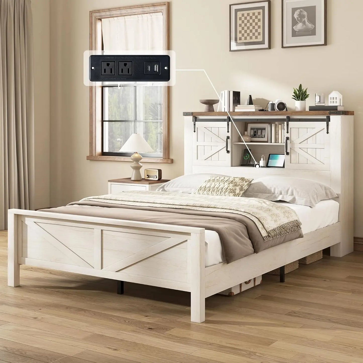 Rustic Wood Storage Bed Frame With Full Bookcase Headboard And Charging Station