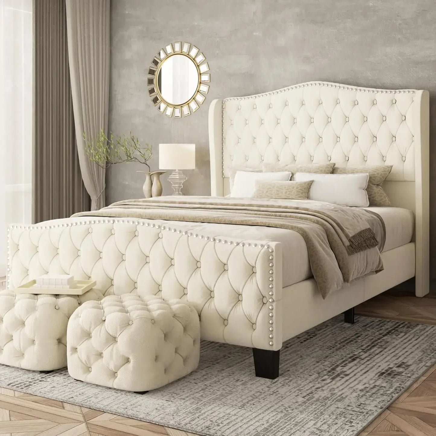Platform Bed Frame With Upholstered Wingback Headboard