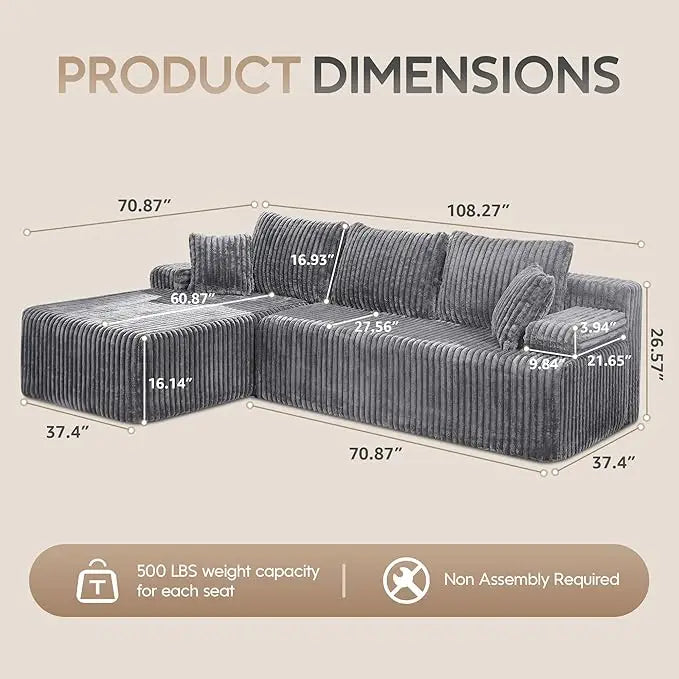 HUANZHUANG Modular L Shaped 3 Seat Sectional Sofa With Memory Foam Storage