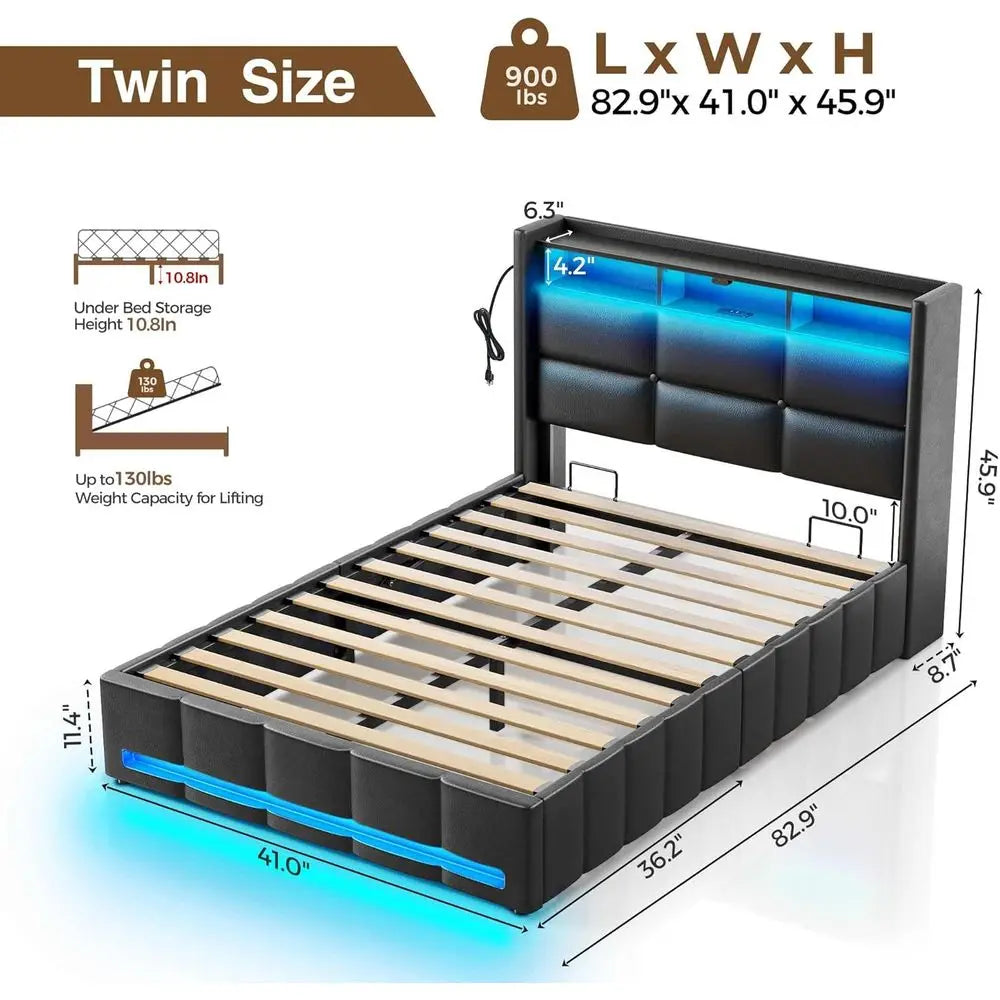 Twin Bed With Illuminated Storage And USB Charging Headboard