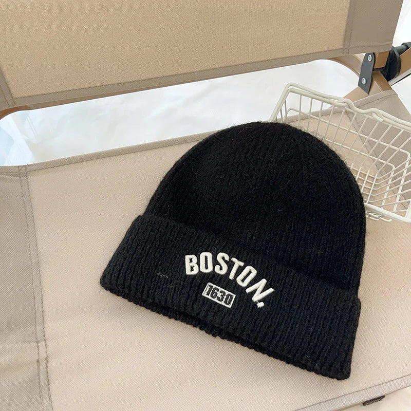 Letter Embroidered Unisex Kids Beanie Cap Winter Knit Acrylic Hat