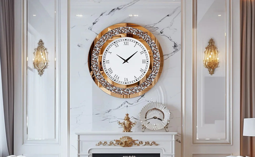 Round Mirrored Wall Clock With Crystal Sparkle Diamond Accents For Living Room