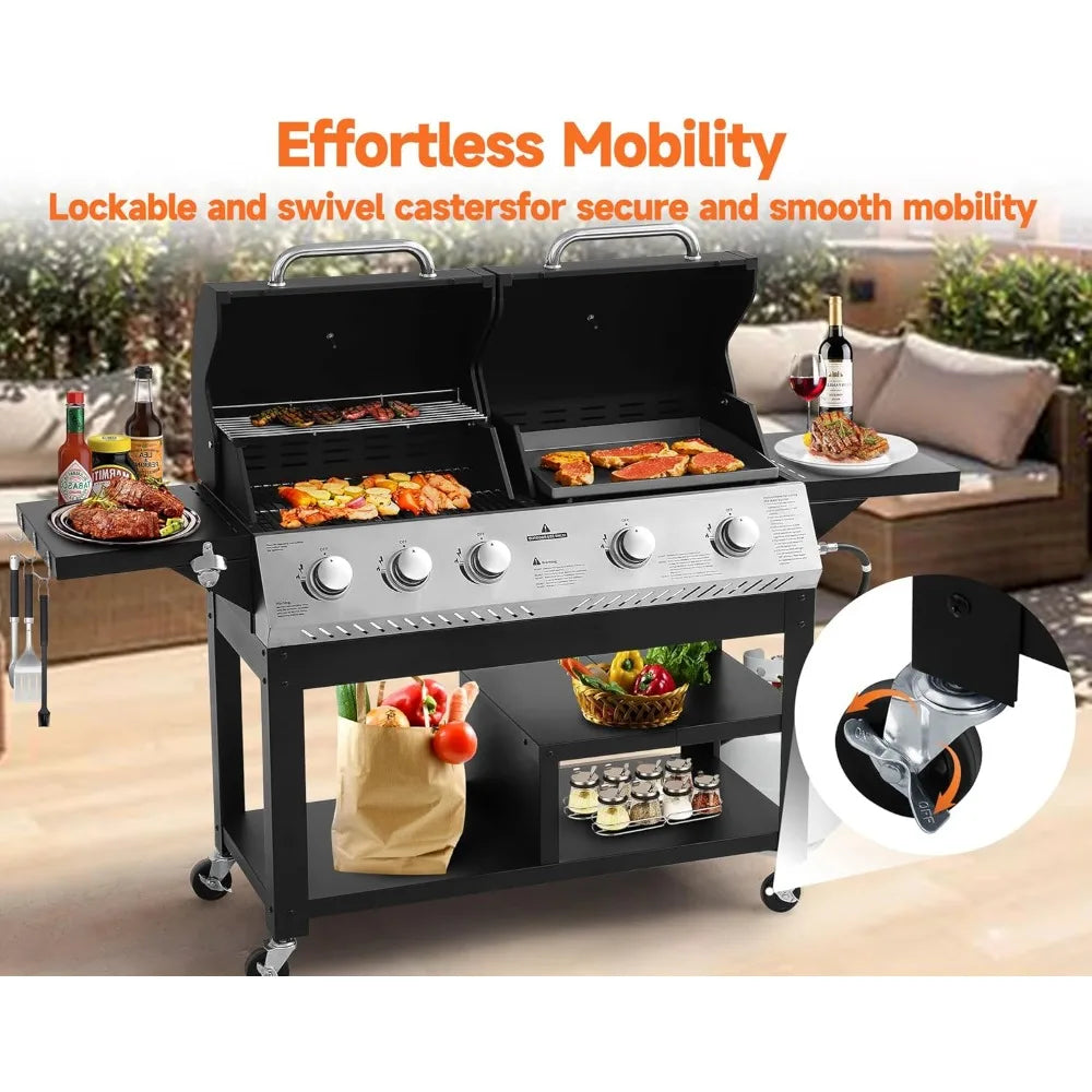 Propane Gas Grill 5-Burner 54000 BTU Porcelain-Enameled Cast Iron Grate