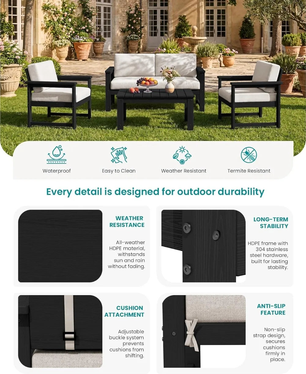 HDPE Outdoor Loveseat Sofa All Weather Cushions Patio