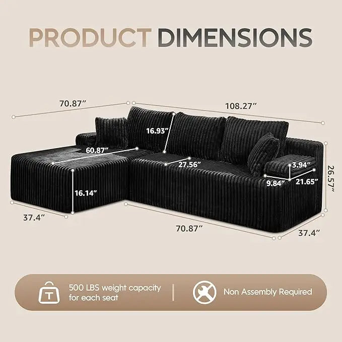HUANZHUANG Modular L Shaped 3 Seat Sectional Sofa With Memory Foam Storage