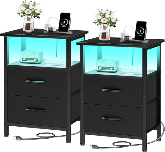 2-Piece Nightstand Set With LED Lights And Charging Station