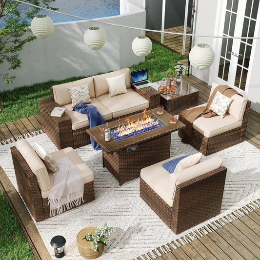 7 Piece Patio Furniture Set With Fire Pit Table Wicker