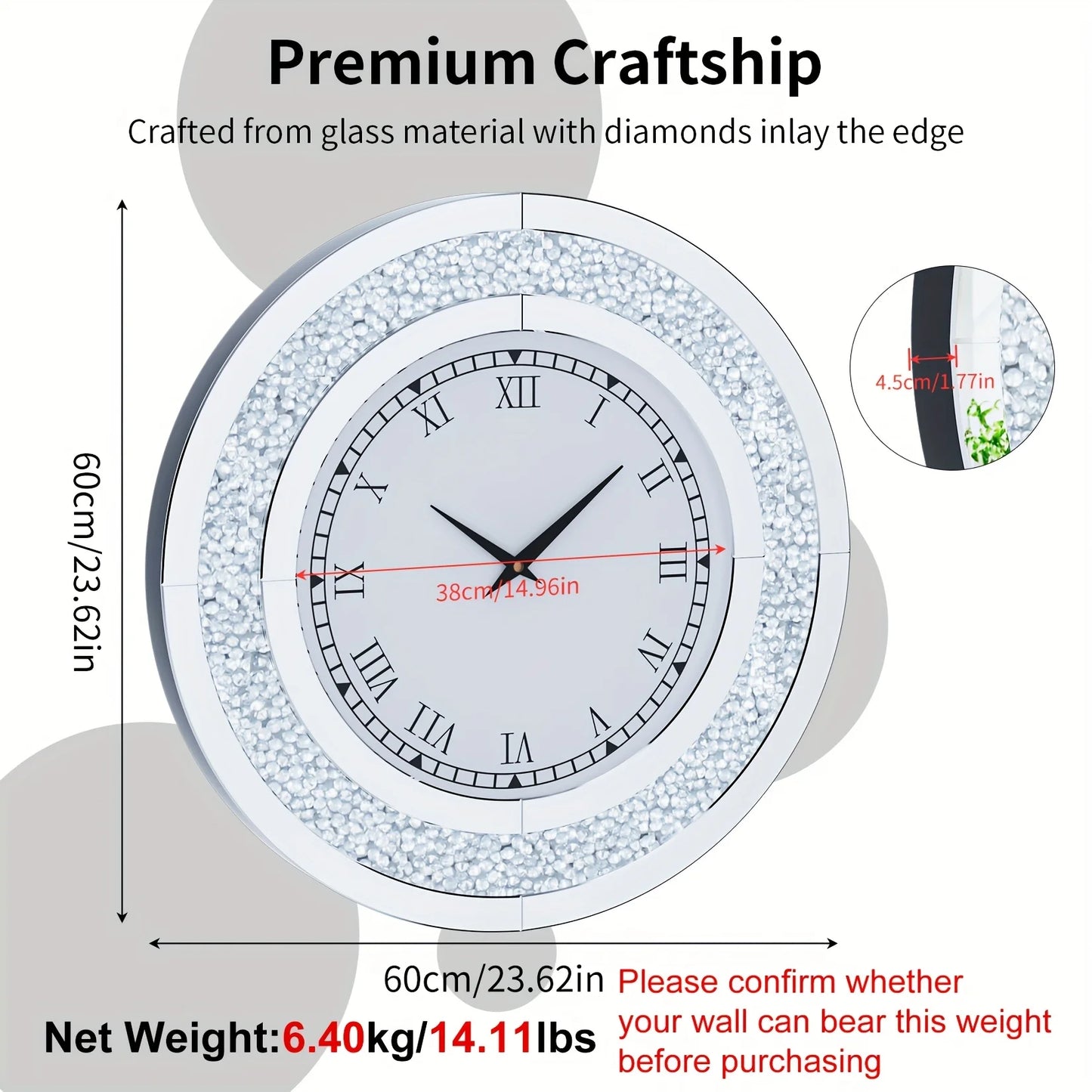 Wisfor Decorative Round Mirror Wall Clock With Crystal Sparkle Bling