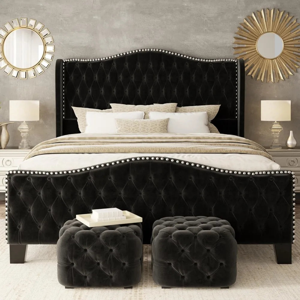 Platform Bed Frame With Upholstered Wingback Headboard