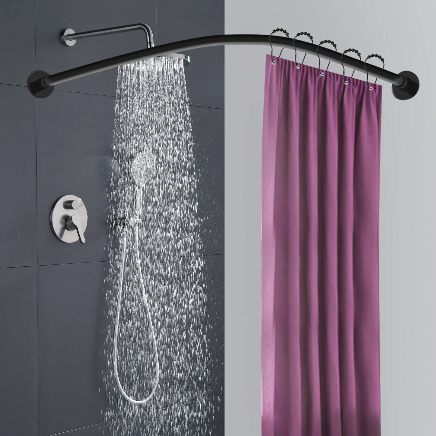 Stainless Steel L Shape Telescopic Shower Curtain Rail No Drilling With Rings