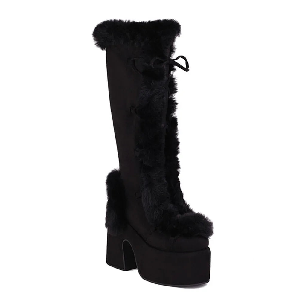 GIGIFOX Fur Platform Mid Calf Boots Women Faux Suede Zipper Lace Up