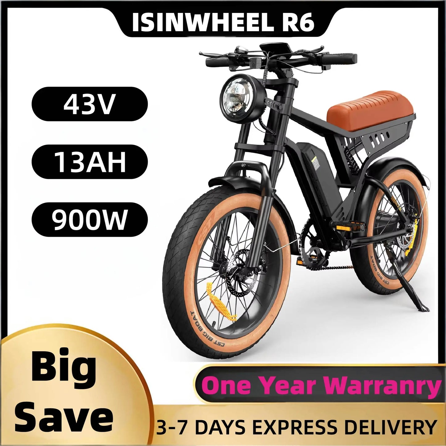 Isinwheel R6 Electric Bike 900W Brushless Fat Tire