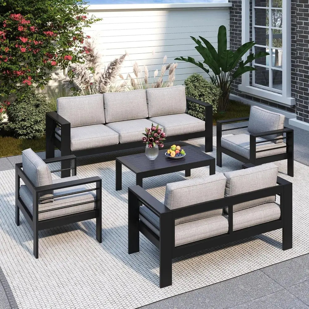 Weather Resistant Metal Patio Furniture Set With Deep Seating Armrests
