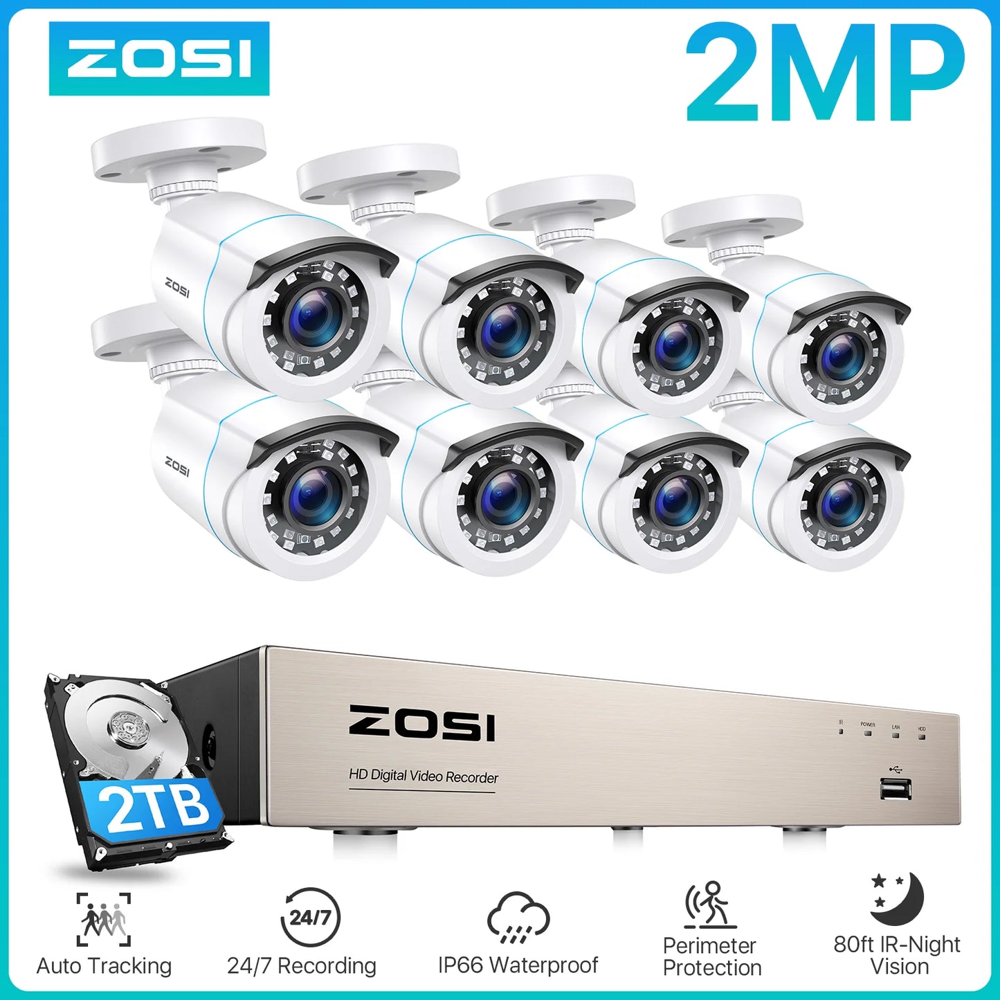 ZOSI 8 Channel Wired Security Camera System 1080P DVR Kit