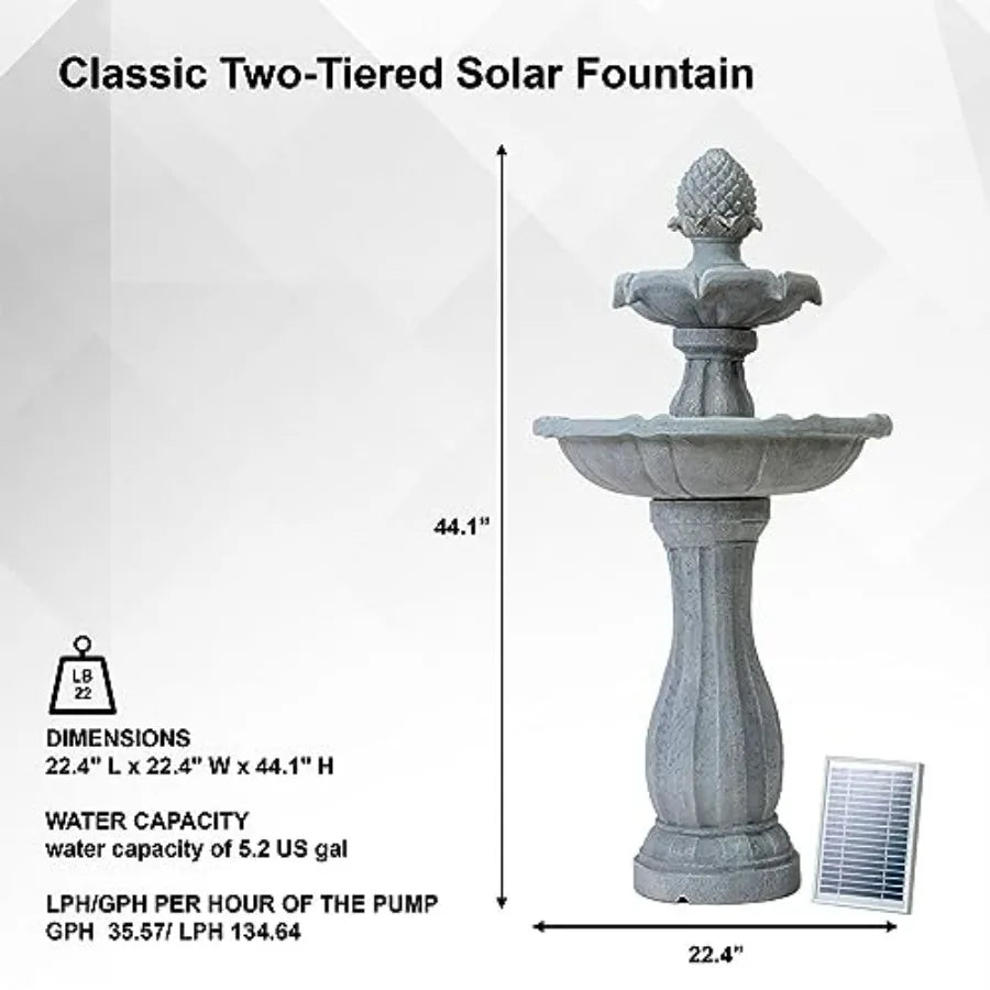 Fiberglass Resin 2-Tier Solar Water Fountain With Solar Panel Pump