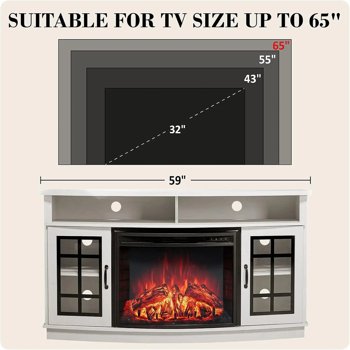 Curved TV Console Cabinet With Electric Fireplace And Media Storage