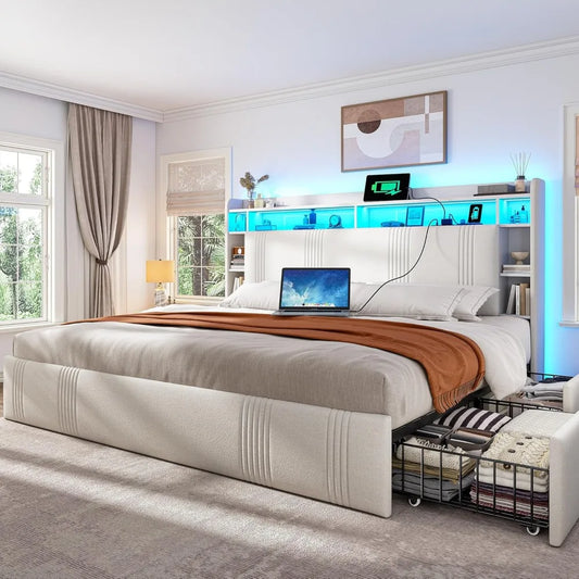 EnHomee Upholstered Bed Frame With Four Storage Drawers