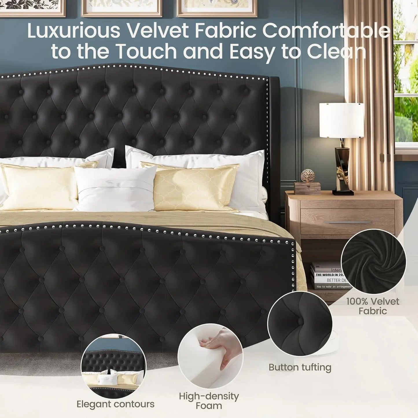 Velvet Platform Bed With Wingback Headboard Tufted Wood Slats