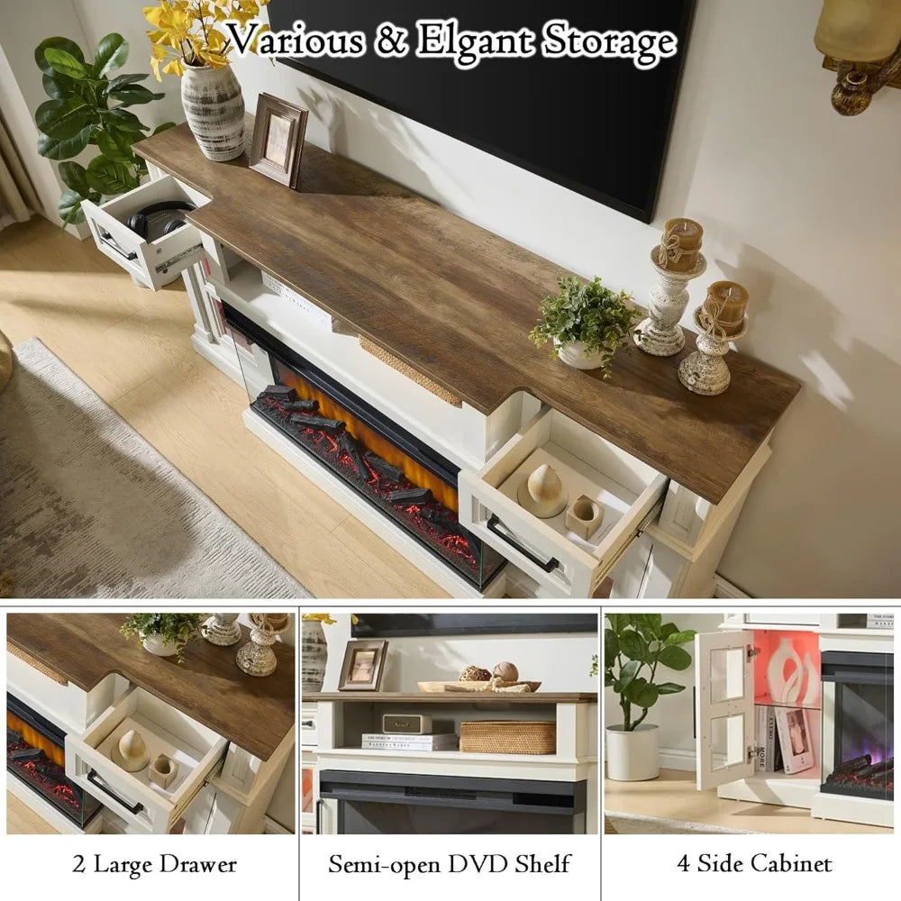 XMSJ 3 Sided Fireplace TV Stand With Electric Fireplace Farmhouse Console