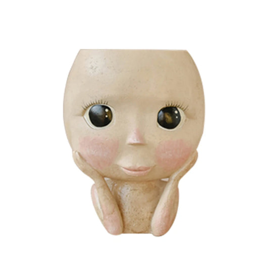 Flower Pot Girl Face Head Figurine Decor For Garden Pots