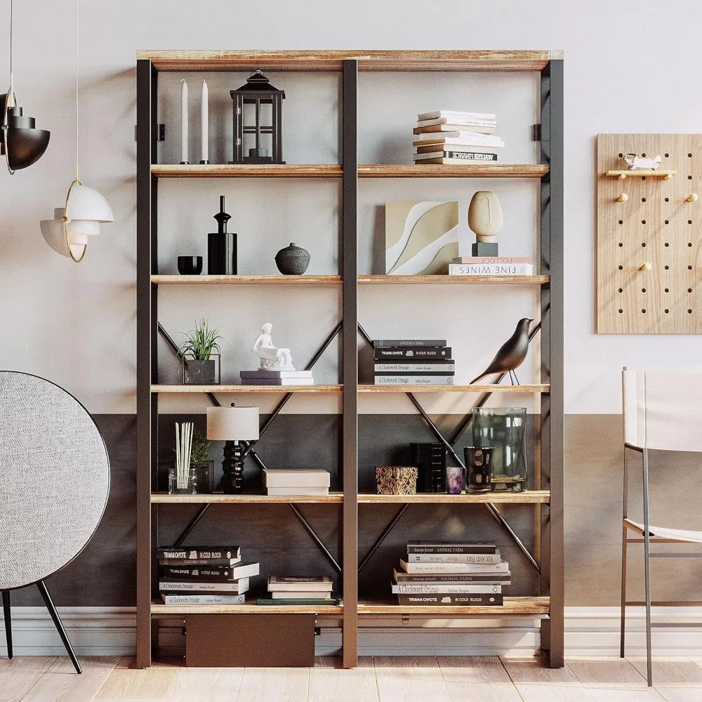 ZHUXIANG Industrial Open Bookcase Six Shelves Wall Mount