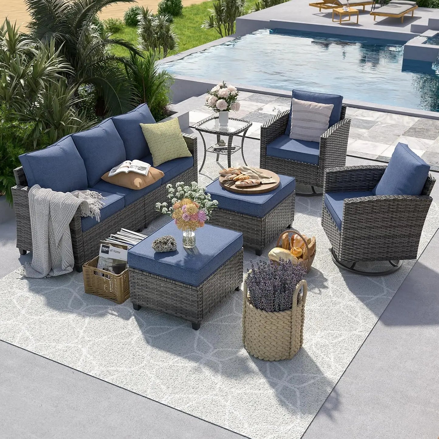 PE Rattan Sectional Sofa Set Swivel Chair Side Table