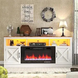 Farmhouse TV Stand With Glass Fireplace LED Entertainment Center