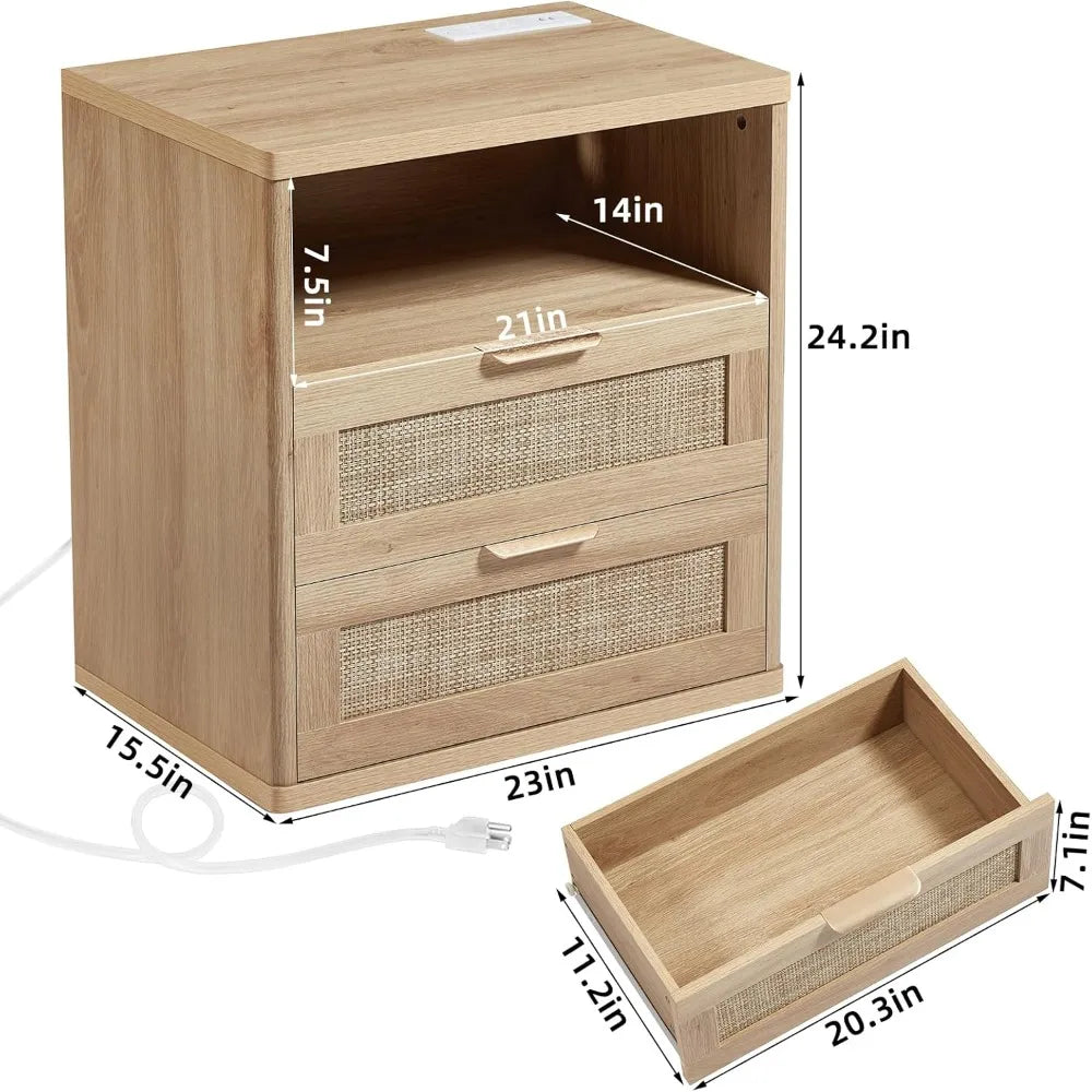 MKDK Rattan Nightstands Set Of 2 With Charger Station