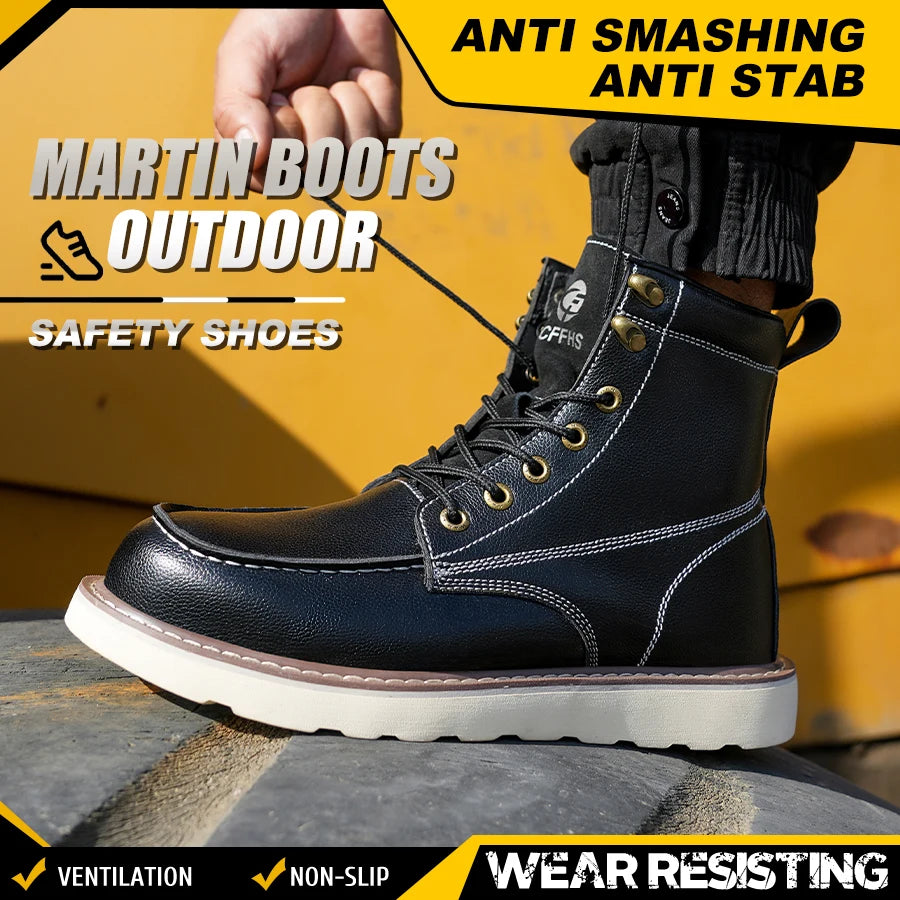 Two Layer Cowhide Men High Top Work Safety Shoes Pro