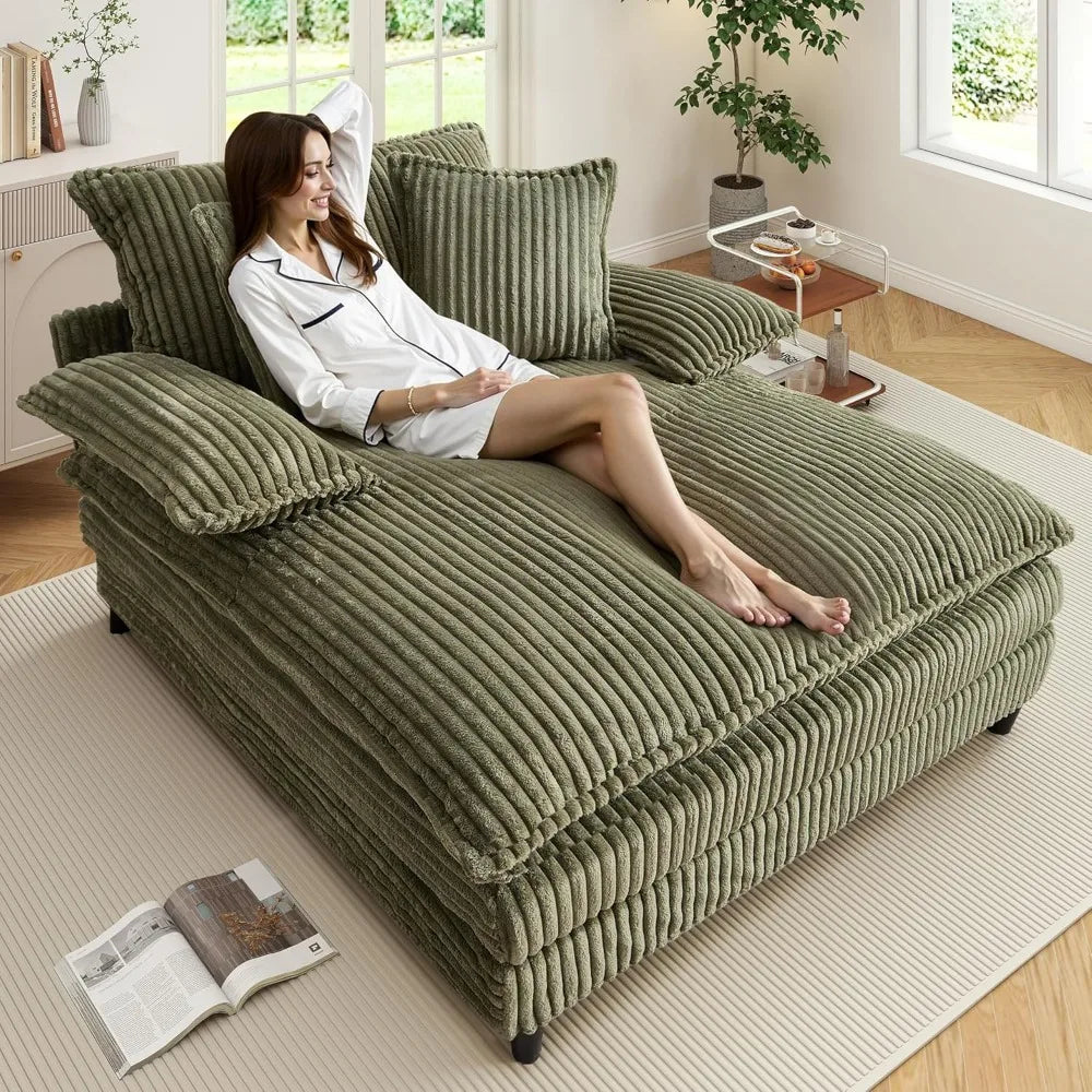 Corduroy Sleeper Sofa Chaise Lounge With 5-Position Backrest