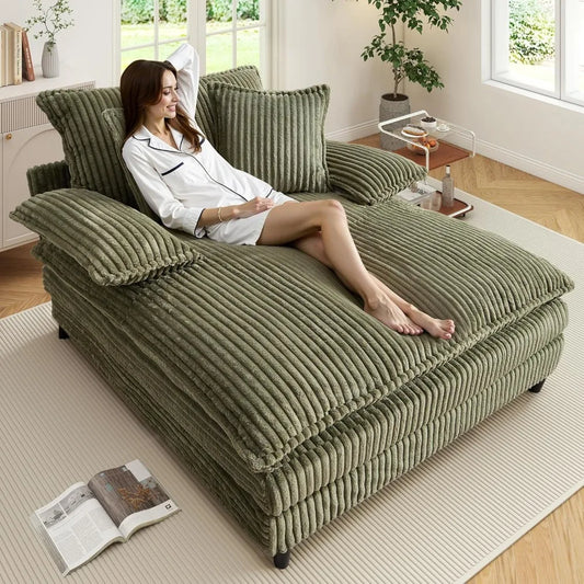 Corduroy Sleeper Sofa Chaise Lounge With 5-Position Backrest