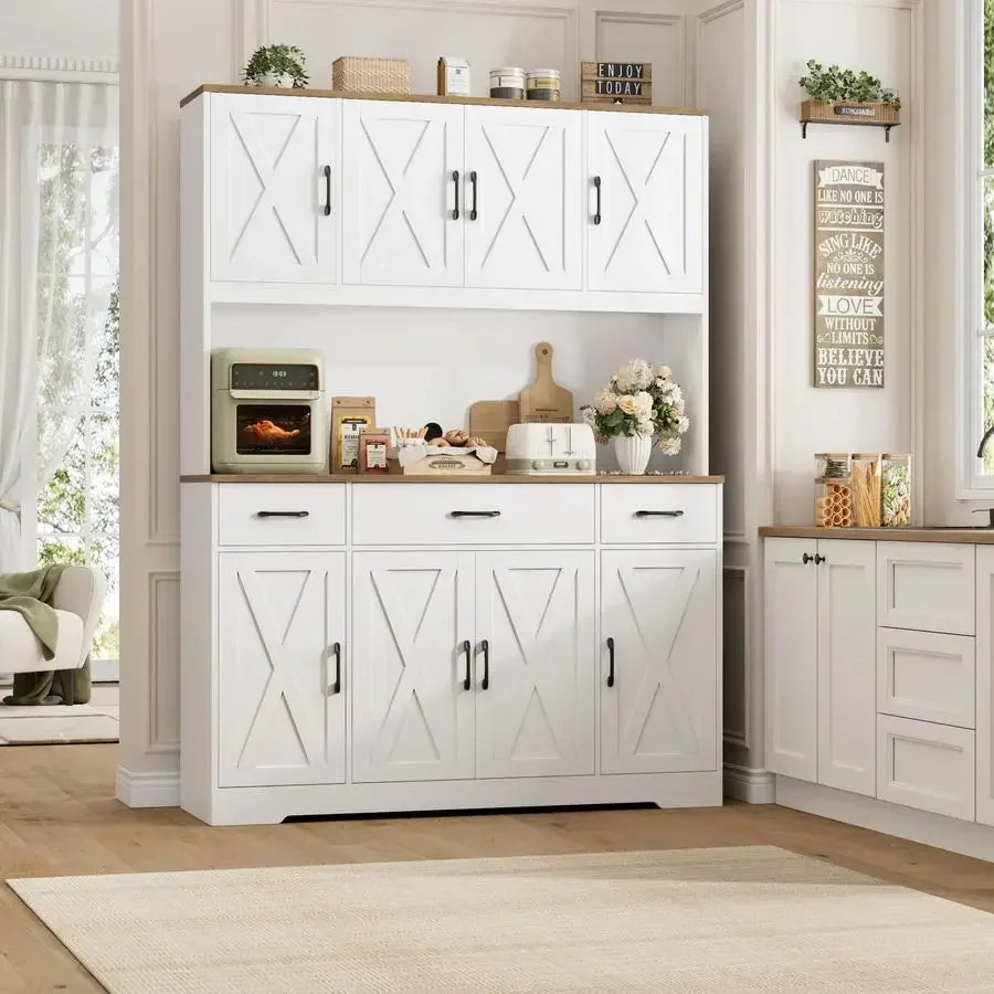 XMSJ Tall Pantry Cabinet With Charging Station And Countertop Storage